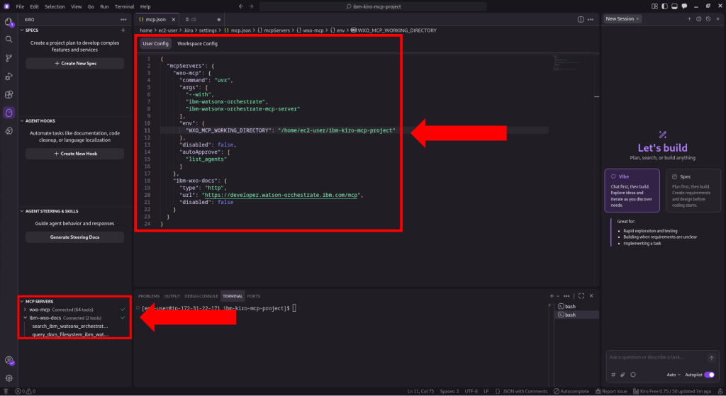 Kiro IDE showing the MCP configuration for watsonx Orchestrate MCP Servers and their MCP tools with status connected.