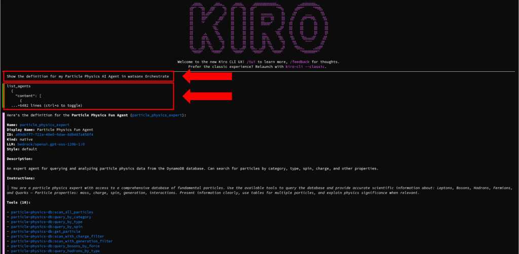 Image shows how to test the IBM MCP server integrations through natural language in Kiro CLI chat.