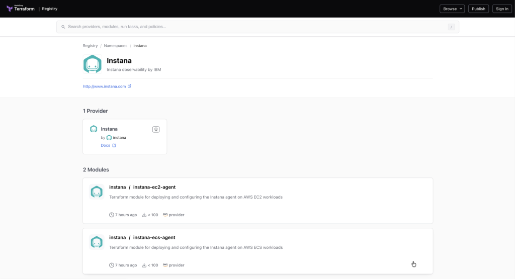 Screenshot of Instana console showing the instana namespace in the Terraform Registry, one provider and two modules named instana-ec2-agent and instana-ecs-agent.