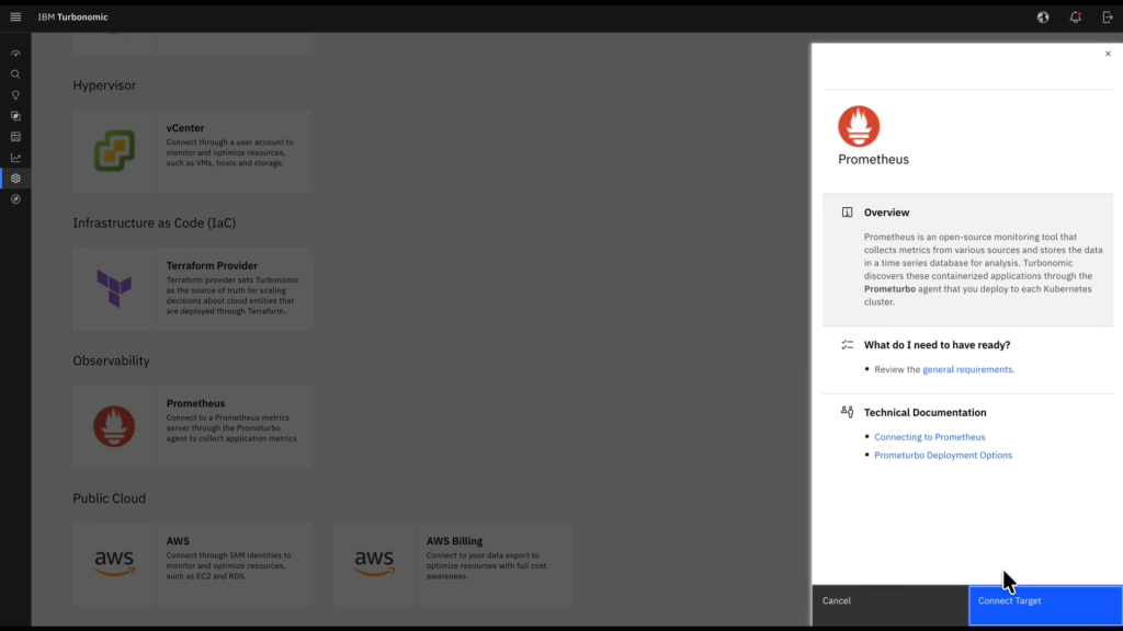 IBM Turbonomic interface showing configuration of a Prometheus monitoring target. 