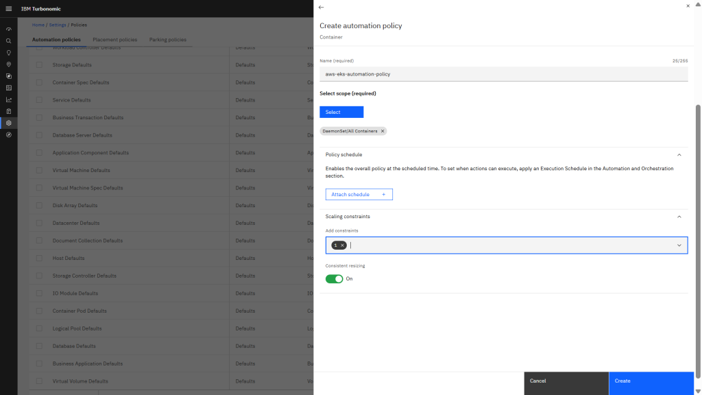 The interface includes options to enable automation for container resizing, workload scaling, pod placement, and infrastructure optimization policies.
