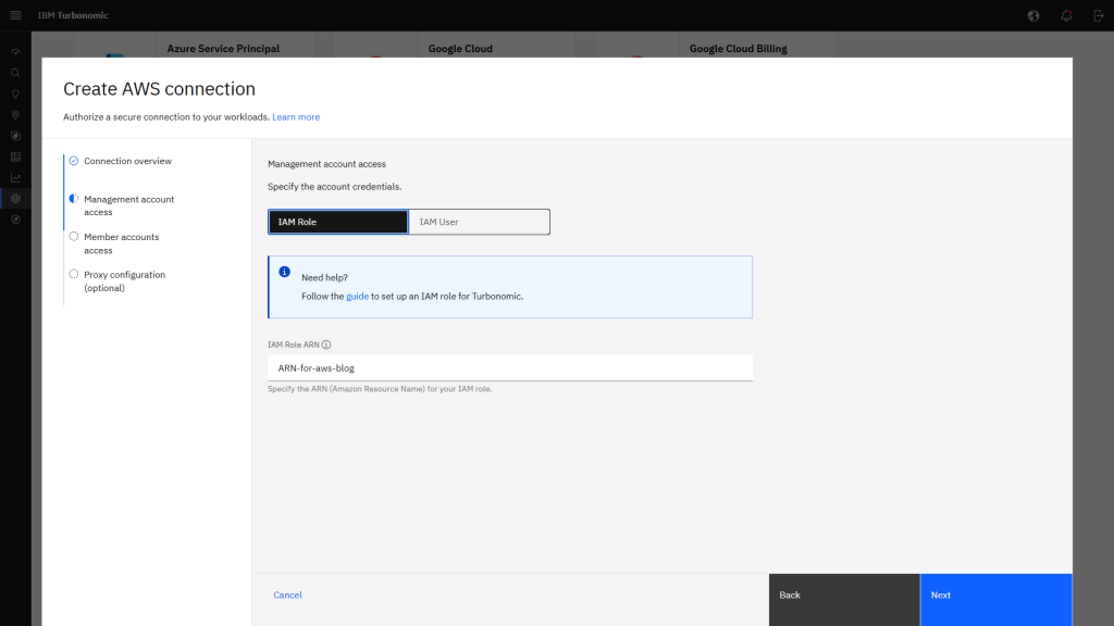 IBM Turbonomic AWS target setup screen showing IAM role selected for management account access.