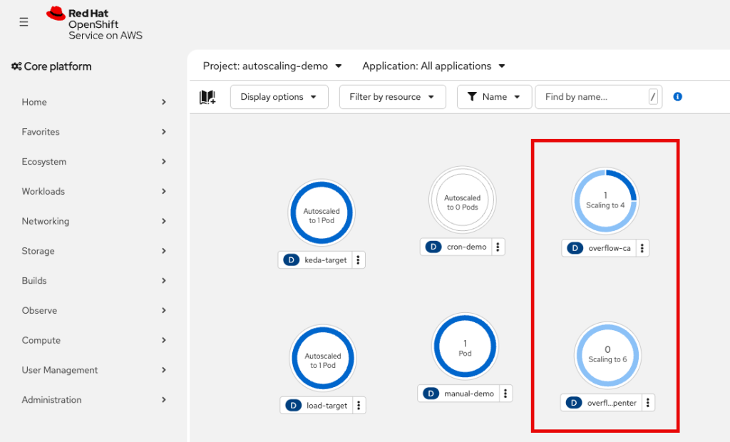 Both overflow workloads scaling their pods at once in the console Topology view.