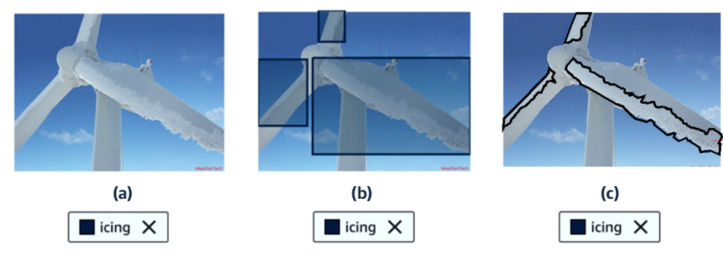 Output example of multi-label image classification, object detection with bounding box, and semantic segmentation