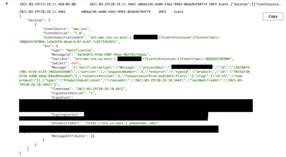 A CloudWatch log for an SNS topic message processed by AWS Lambda