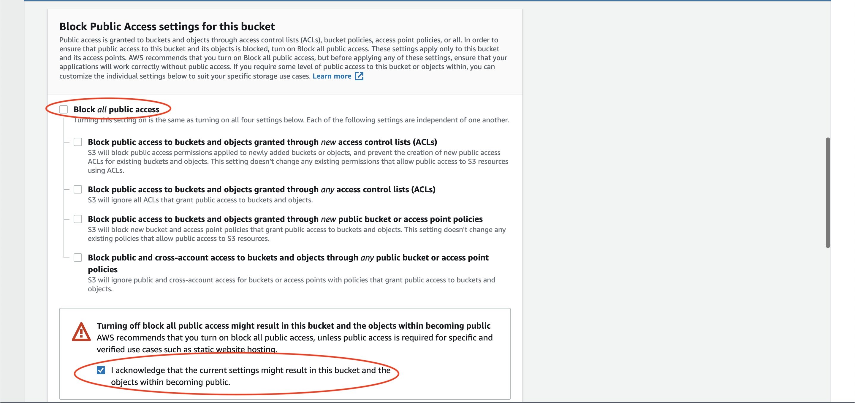 Image of unchecking “Block all public access” and checking off of the acknowledgement box in Amazon S3