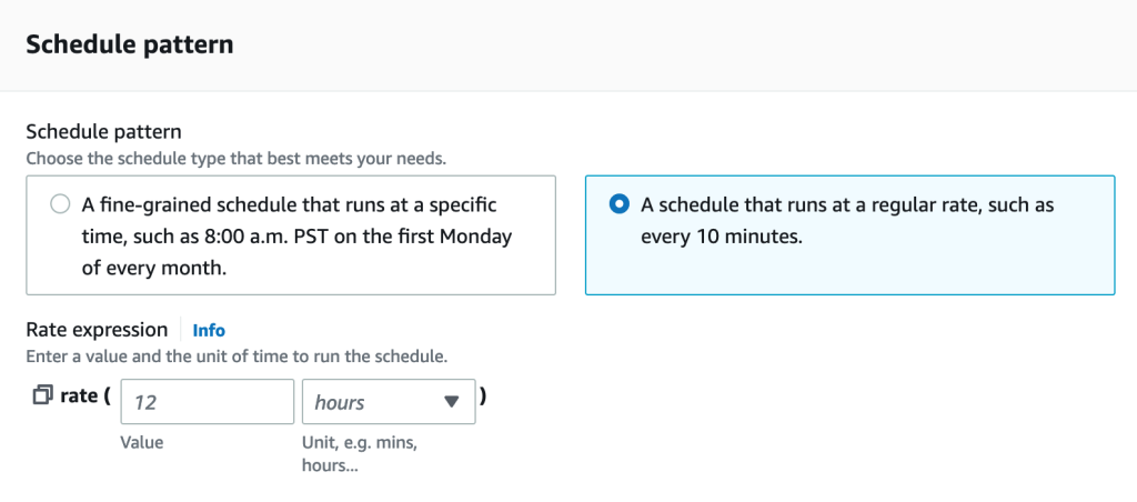 Figure 5 - Amazon EventBridge event schedule with rate expression in minutes, hours, and days