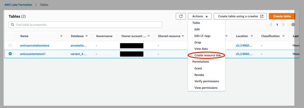 Figure 4 - Create resource links for your Omics annotation store and Omics variant store in AWS Lake Formation