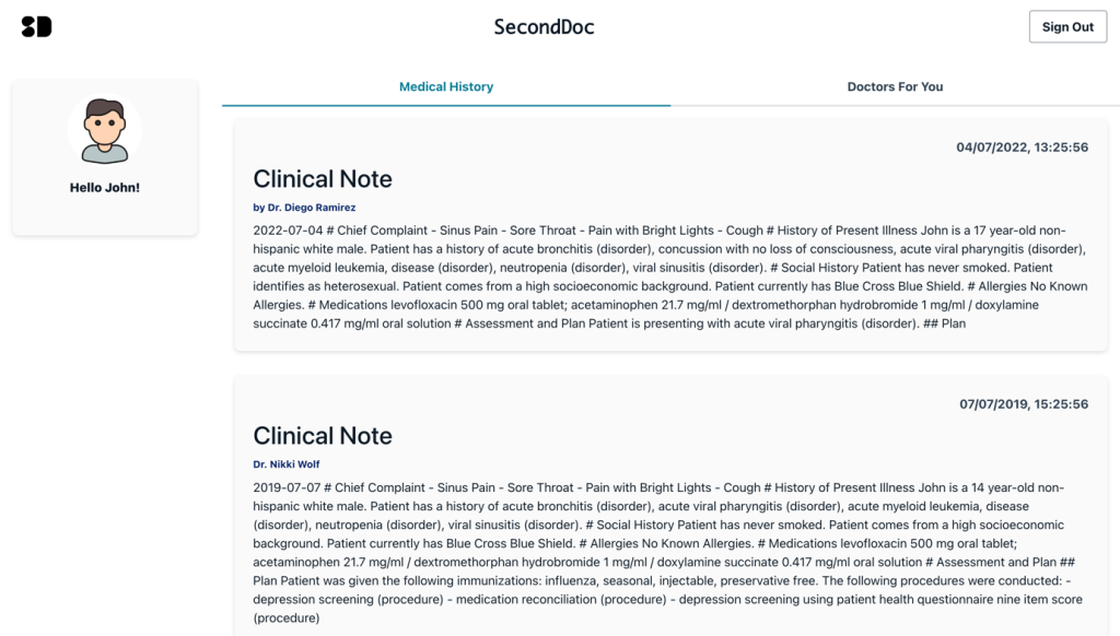 Figure 2 - Proof-of-concept solution showing John’s medical history