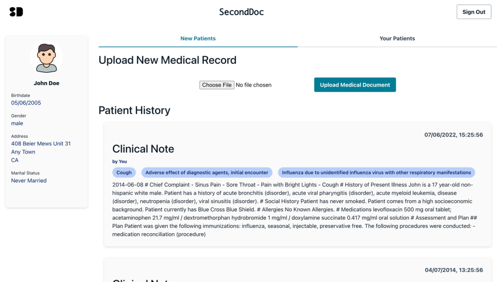 Figure 5 - Proof-of-concept (solution practitioner view) showing John's patient record after requesting a second opinion from the practitioner