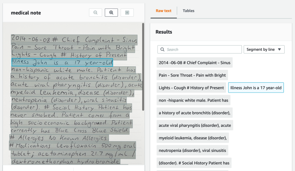 Figure 6 - AWS management console for Amazon Textract showing a picture of hand-written text and resulting line extracted text