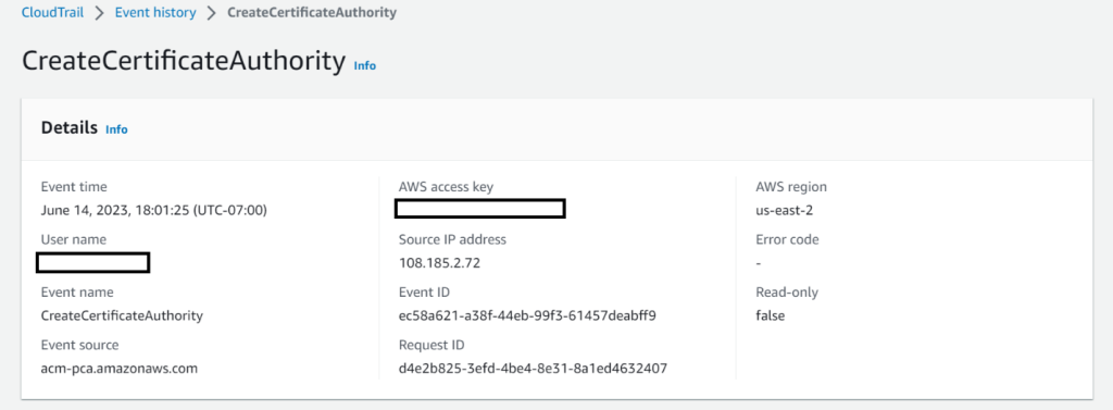 Figure 2 Sample AWS CloudTrail event showing CreateCertificateAuthority event details