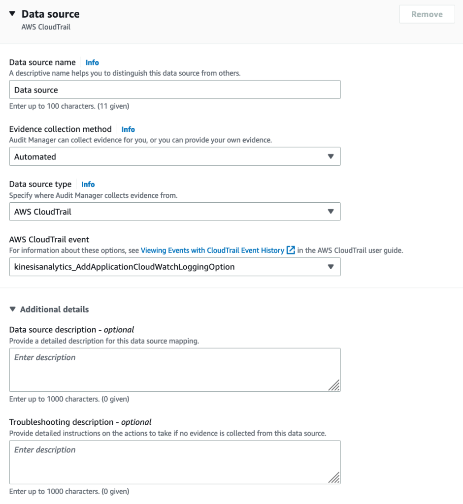 Configuration of a custom control for a data source for the Managed Service for Apache Flink’ action of interest.