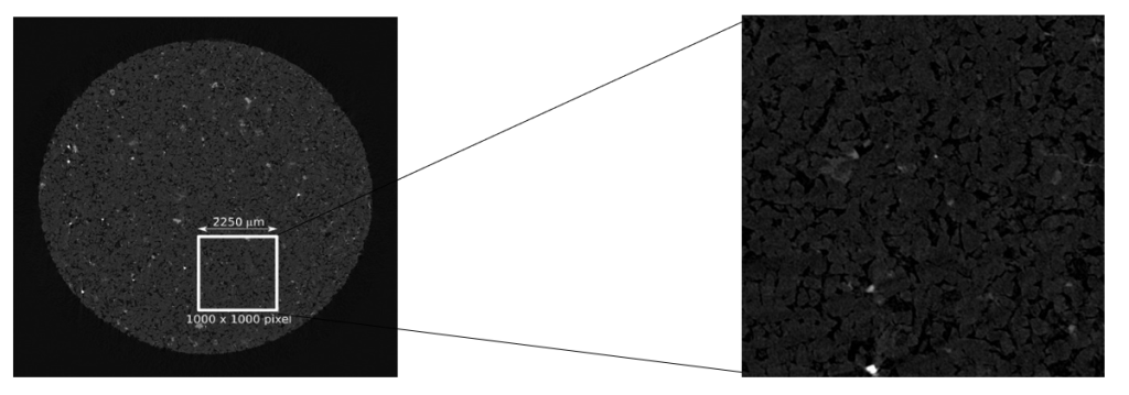 igure 1. Example of a micro-CT image with the selected area chosen for reconstruction (Doddington Sandstone)