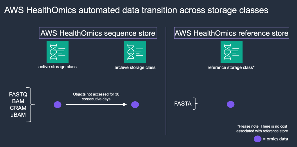 AWS HealthOmics automated data transition across storage classes. HealthOmics sequence store transitions data from active to archive storage after 30 days of inactivity.