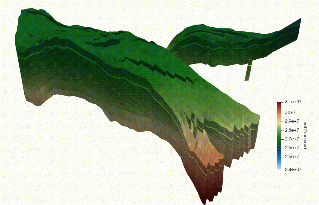 Figure 1 Reservoir simulation of the Norne [1] field showing evolution of pressure over timeFigure 1 – Reservoir simulation of the Norne [1] field showing evolution of pressure over time