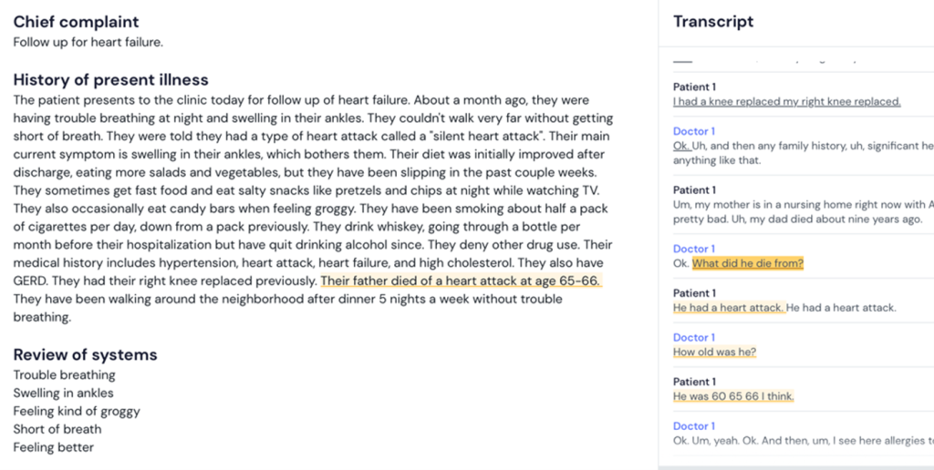 Medical record displaying two sections side by side. The left section, titled "Chief complaint" and "History of present illness," provides detailed information about a patient's follow-up for heart failure. It includes the patient's symptoms, recent lifestyle changes, and medical history. The right-side section, labeled "Transcript," shows a partial conversation between a doctor and patient discussing the patient's family medical history, particularly focusing on the patient's parents. The bottom of the left-side section lists a "Review of systems" with bullet points of current symptoms. The image provides a comprehensive view of a medical consultation, combining written records with a transcribed dialogue.