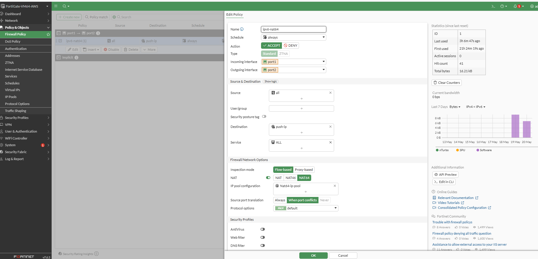 A comprehensive FortiGate firewall policy configuration screen showing NAT64 translation settings. The policy configuration form displays multiple sections including source and destination settings with 'IPv6 ALL' selected as source, Virtual IP mapping for destinations, service settings configured to 'ALL,' and NAT64-specific options enabled.