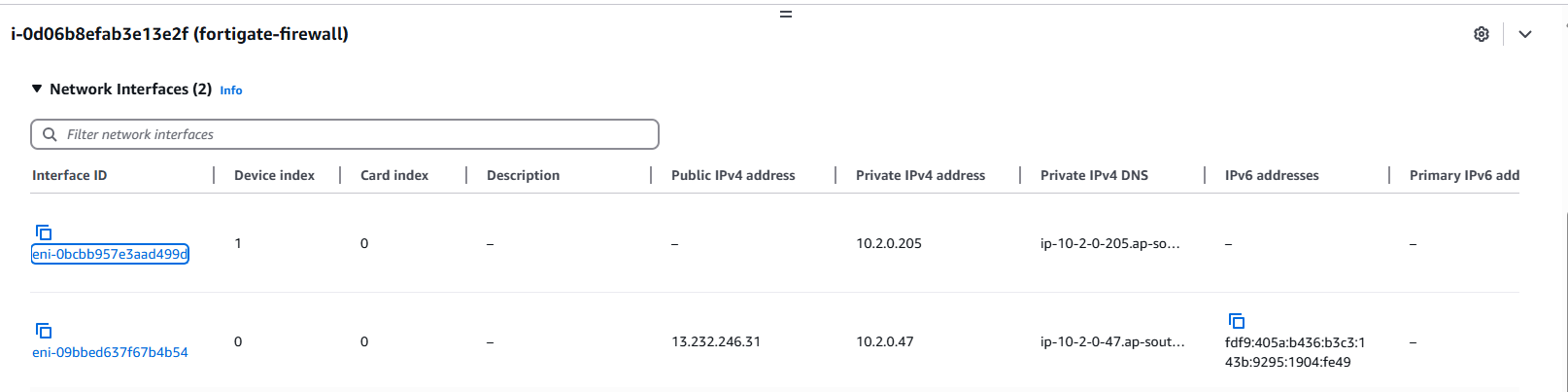 A screenshot of the AWS EC2 console showing network interface configuration details for a FortiGate firewall appliance. The interface displays a table with columns for Network Interface ID, Description, Instance ID, IPv4 Public IP, IPv6 IPs, and other network settings. Two network interfaces are listed in the table: the first row shows 'Secondary network interface' in the description column with only an IPv4 private address assigned and no IPv6 address, while the second row shows 'Primary network interface' in the description column with both public and private IPv4 addresses assigned for firewall administration access and traffic handling, plus an IPv6 address visible in the IPv6 IPs column.
