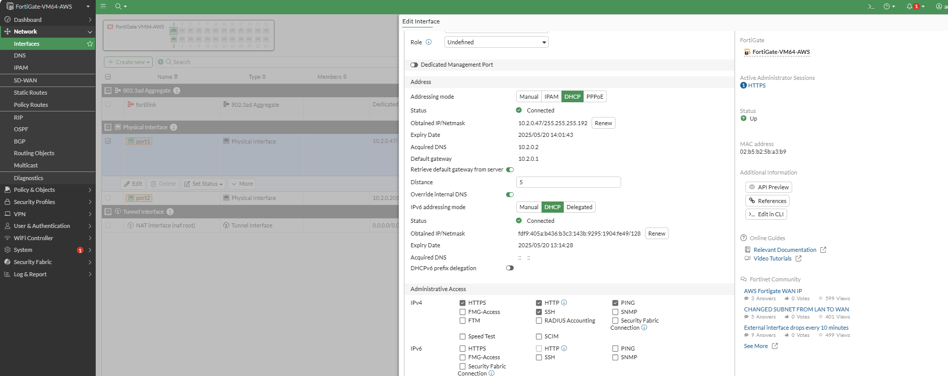 A FortiGate firewall configuration interface showing comprehensive network port settings for Port1. The screen displays a form with various configuration fields including 'Interface name' set to 'port1', 'Alias' field for descriptive naming, 'Type' dropdown menu showing interface type selection, and 'Addressing mode' options for IP configuration. The interface shows obtained network details including IP address and netmask fields displaying the automatically assigned IPv6 address and subnet information, along with gateway configuration details. Below the basic settings, there are administrative access controls showing checkboxes and dropdown menus for enabling various management protocols over both IPv4 and IPv6, including HTTPS, HTTP, SSH, PING, and SNMP access options. Each protocol option has individual toggle switches or checkboxes to enable or disable administrative access.