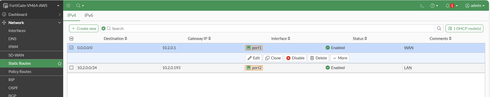A FortiGate routing table configuration screen displaying two critical routing entries. The table shows ingress and egress routes with columns for destination networks, gateway addresses, interface assignments (Port1 and Port2), and administrative distances. The first route directs traffic to Port1 for incoming smart meter traffic, while the second route handles outbound traffic through Port2 to AWS applications.