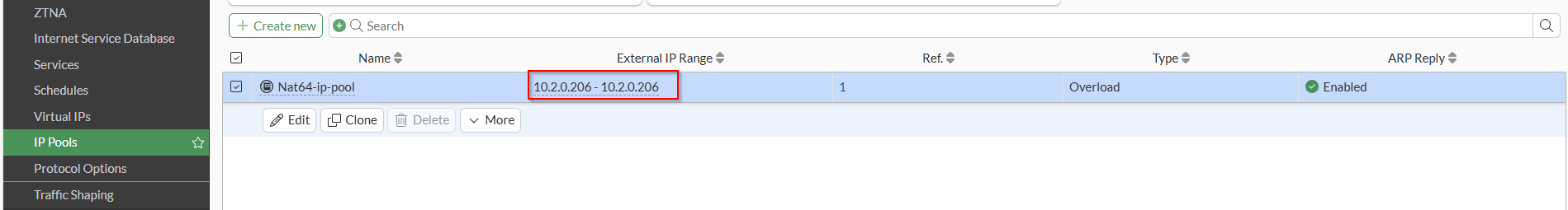 A FortiGate IP pool configuration dialog box showing the creation of a NAT64 source translation pool. The configuration form displays fields for pool name, IP address range starting with '10.2.0.206,' and pool type settings. The dialog includes options for address range specification and NAT64-specific parameters.
