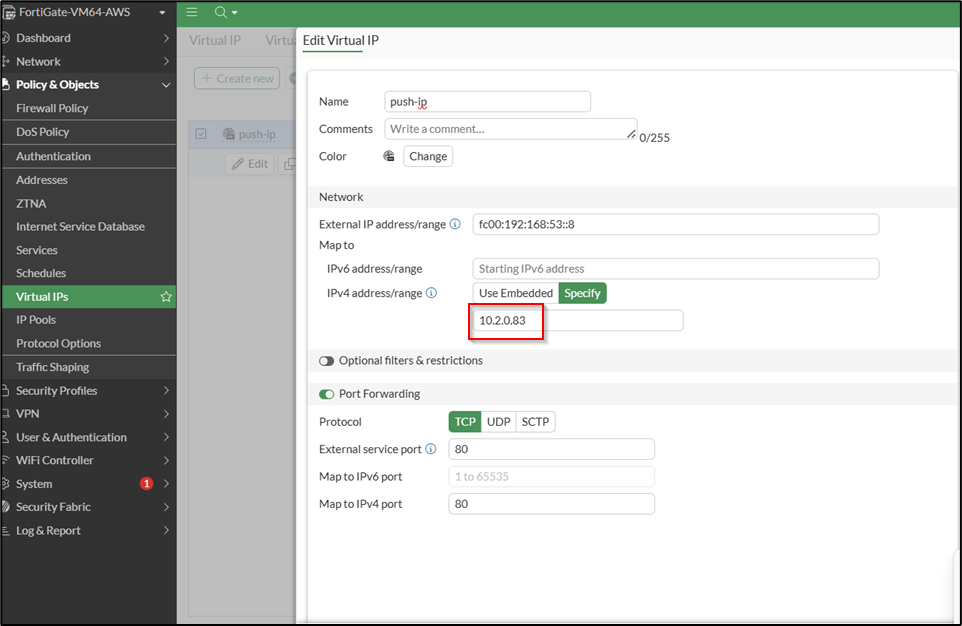A FortiGate Virtual IP (VIP) configuration screen showing destination mapping settings for NAT64 translation. The configuration form displays fields for VIP name with the external IP address field showing the IPv6 address 'fc00:192:168:53::8' representing a smart meter address from the non-compliant fc00::/8 range that is being mapped to the Network Load Balancer IPv4 address '10.2.0.83' in the mapped IP address field. The interface shows port mapping configuration with the external service port field set to '80' and the corresponding 'map to IPv4 port' field also set to '80', demonstrating a direct port-to-port mapping for HTTP traffic.