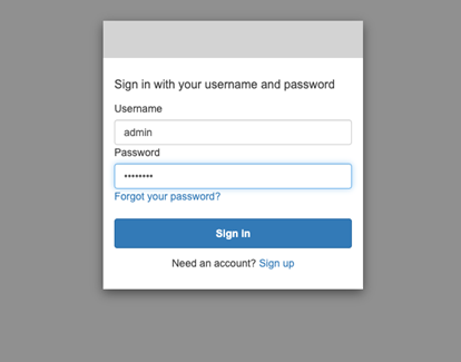 An authentication screen inviting users to enter their username and password. There is a blue “Sign in” button and option to recover a lost password or signing up for a new account.