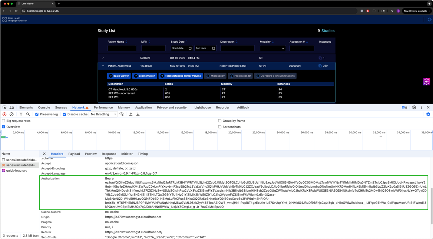 A web browser windows with the OHIF viewer study list loaded on the top part of the window. The web browser developer tools is open on the bottom part of the window, with the network monitor showing a successful request to the AWS HealthImaging DICOMWeb API containing a Bearer token in the authorization header.