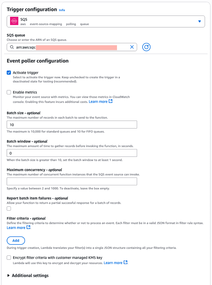 EventBridge trigger configuration panel with SQS queue selection, batch size, window, and concurrency settings