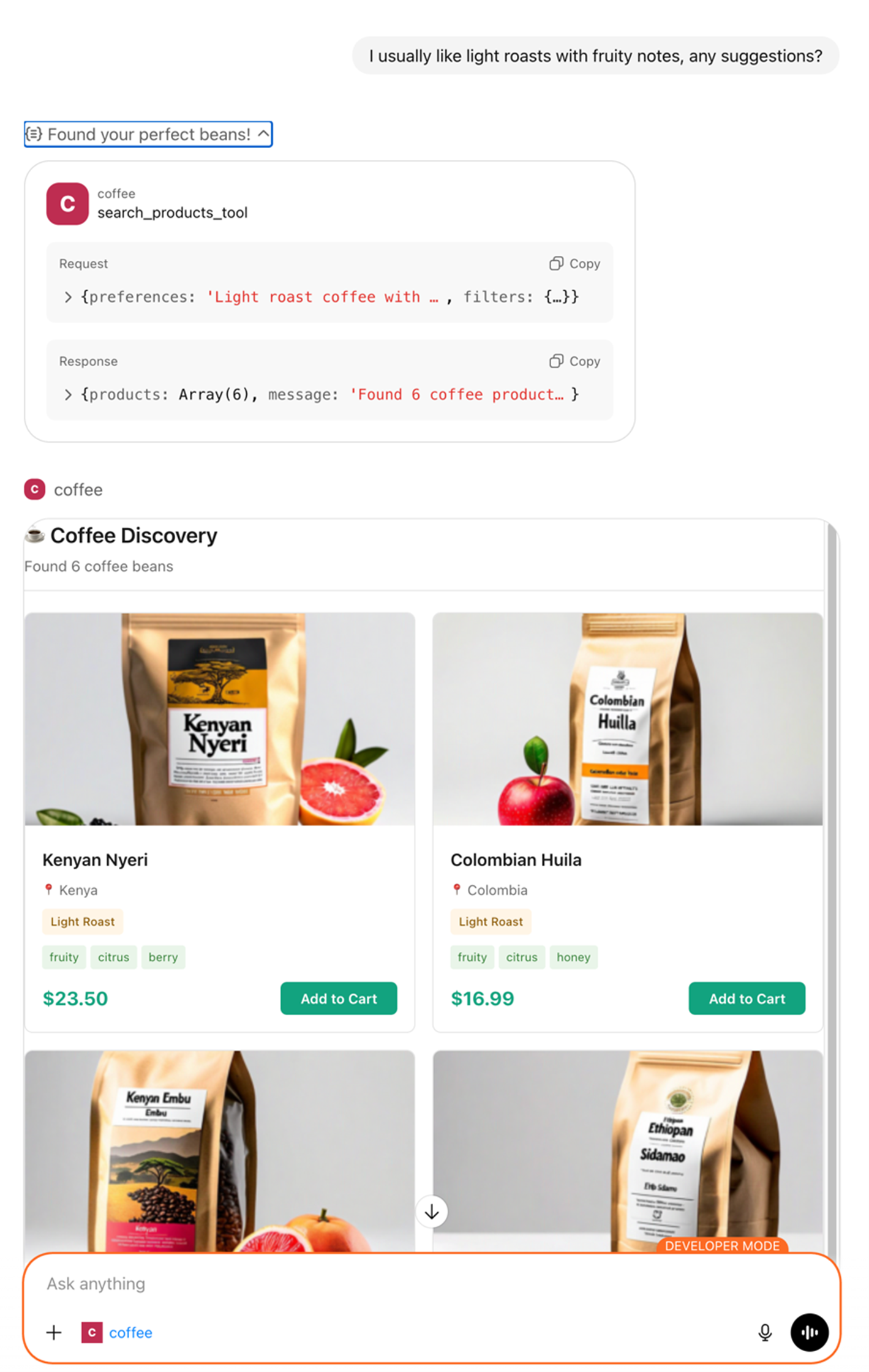 ChatGPT App uses the MCP Server backend to search for relevant products and displays them in a graphical user interface.