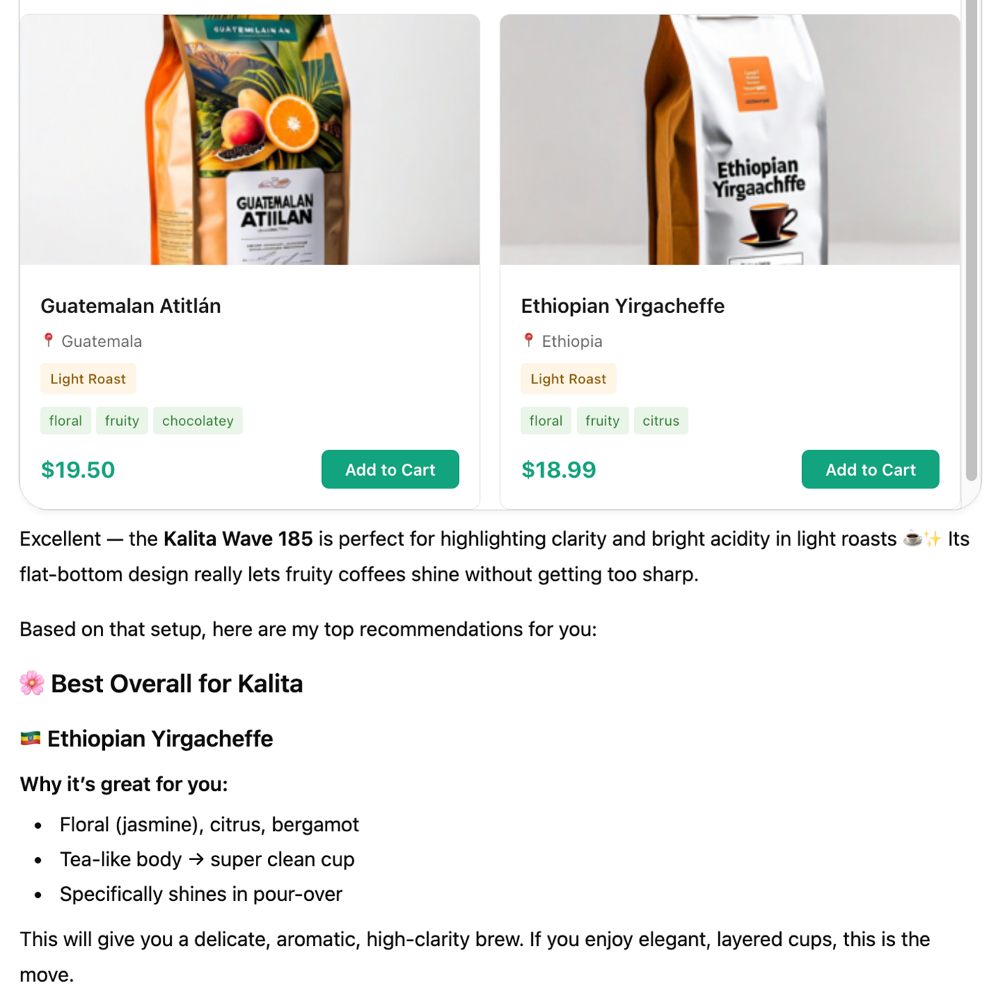 After gathering more context about the customer's equipment, ChatGPT follows-up and narrows down the products it has recommended.