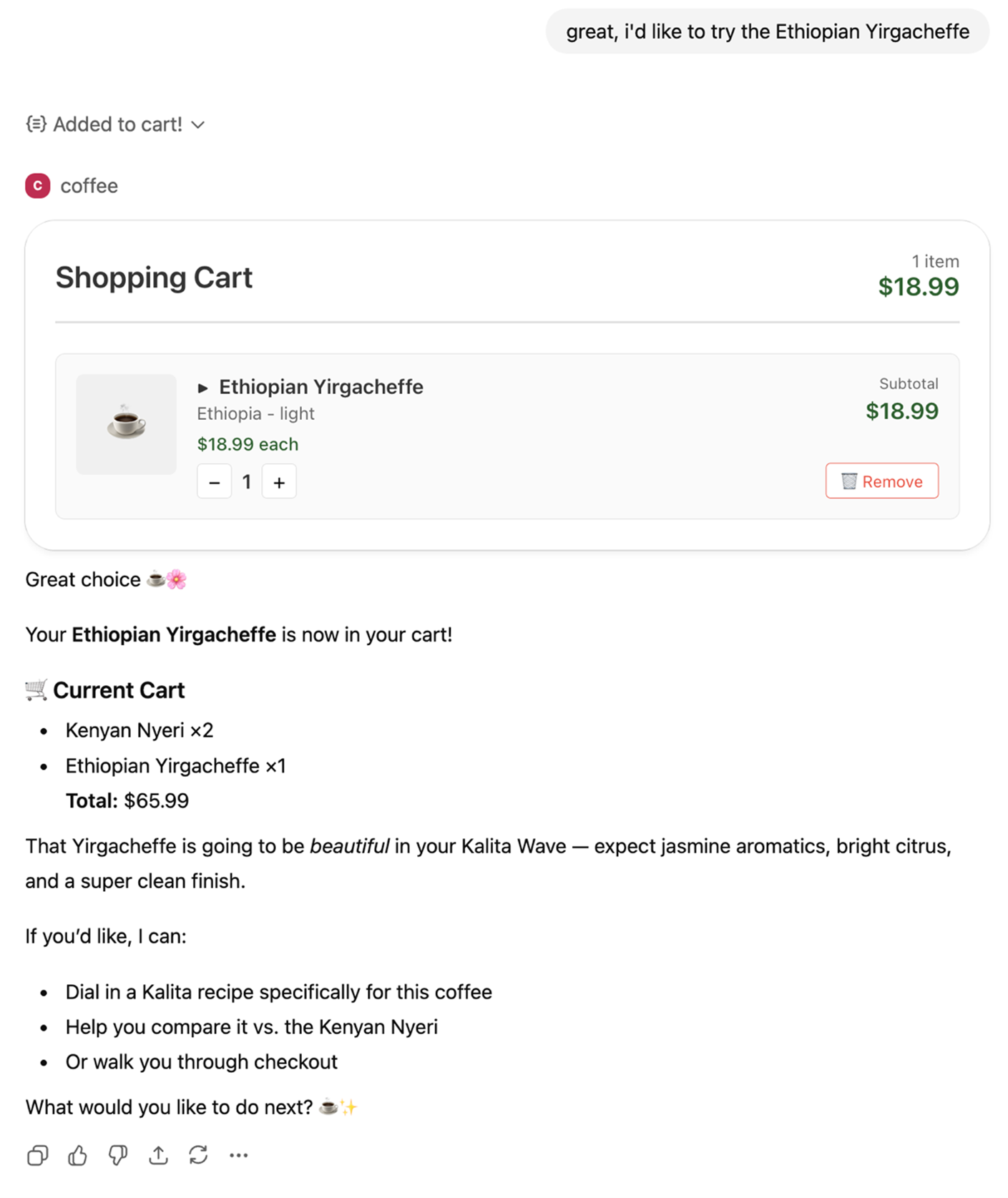 ChatGPT interprets the customer's natural language request and uses the MCP server to add the requested item to the shopping cart.