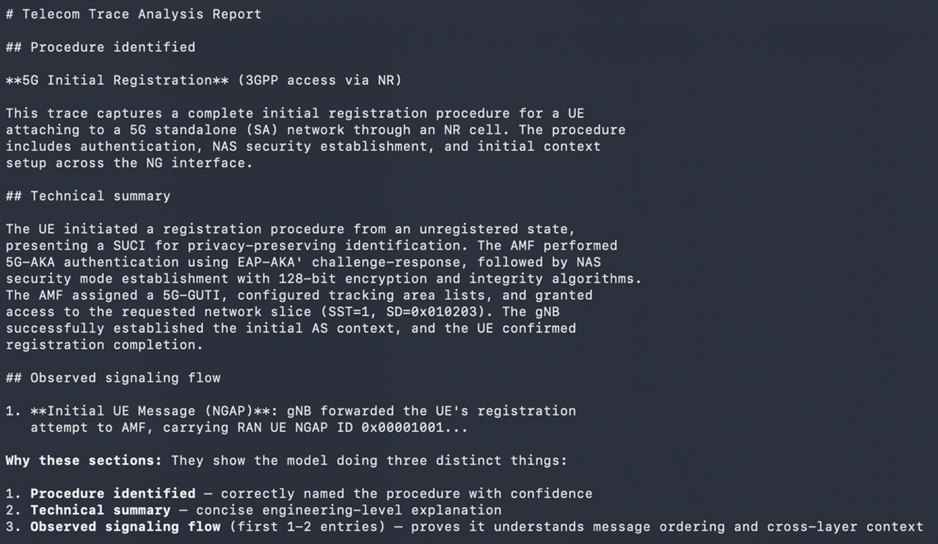 Screenshot of a Markdown analysis report showing sections for procedure identified, technical summary, observed signaling flow, key protocol phases, cross-layer observations, and security context observations.