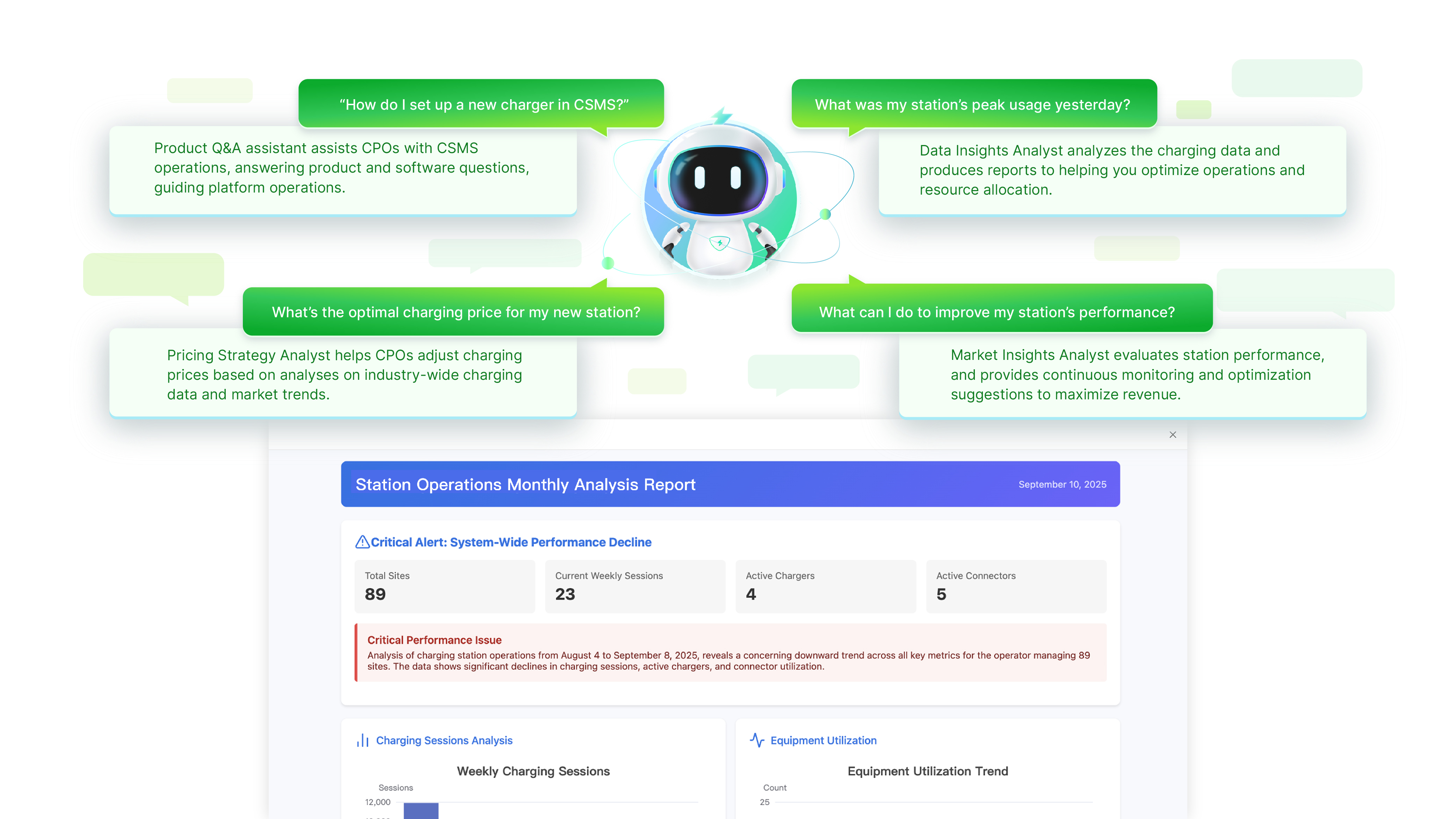 AI-powered digital employee robot assisting with EV charging station operations, representing the integration of artificial intelligence with electric vehicle infrastructure management.