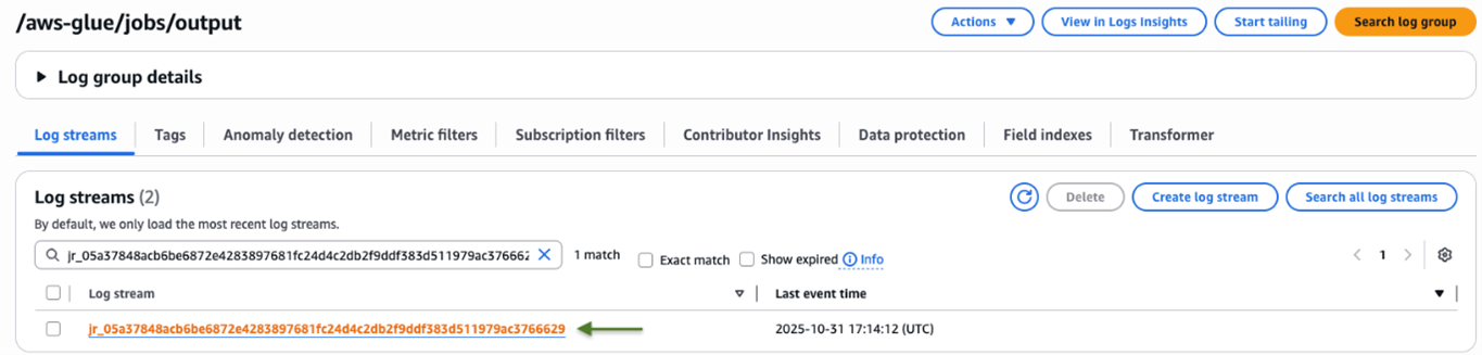 Figure 10 - Screenshot of DevInsuranceLakeGlueCollectJobTask Job run output logs and log stream selection