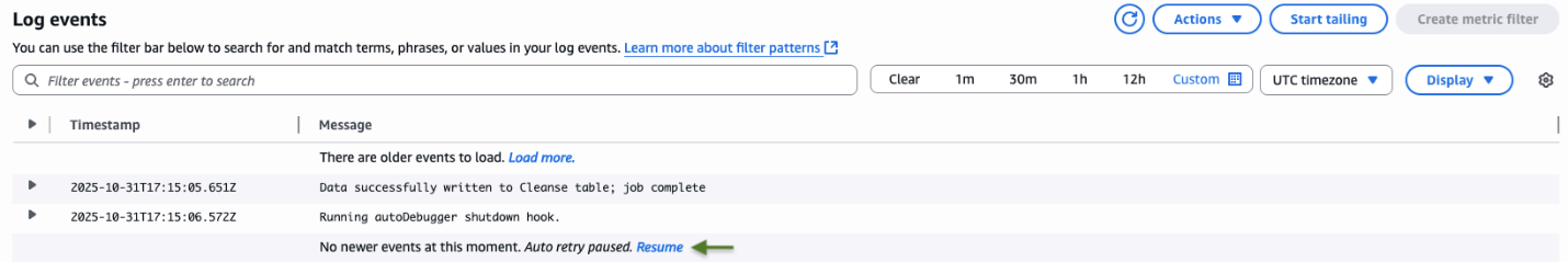 Figure 11 - Screenshot of DevInsuranceLakeGlueCollectJobTask Job output in CloudWatch Logs