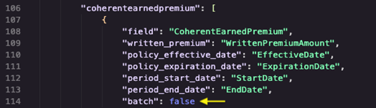 Figure 5 - Snippet from the SyntheticGeneralData-WrittenPolicyData.json file showing the batch option set to false