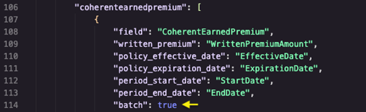 Figure 6 - Snippet from the SyntheticGeneralData-WrittenPolicyData.json file showing the batch option set to true