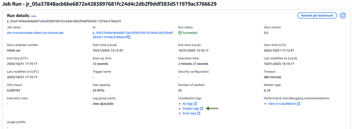 Figure 9 - Screenshot of DevInsuranceLakeGlueCollectJobTask Job Run with output log selection