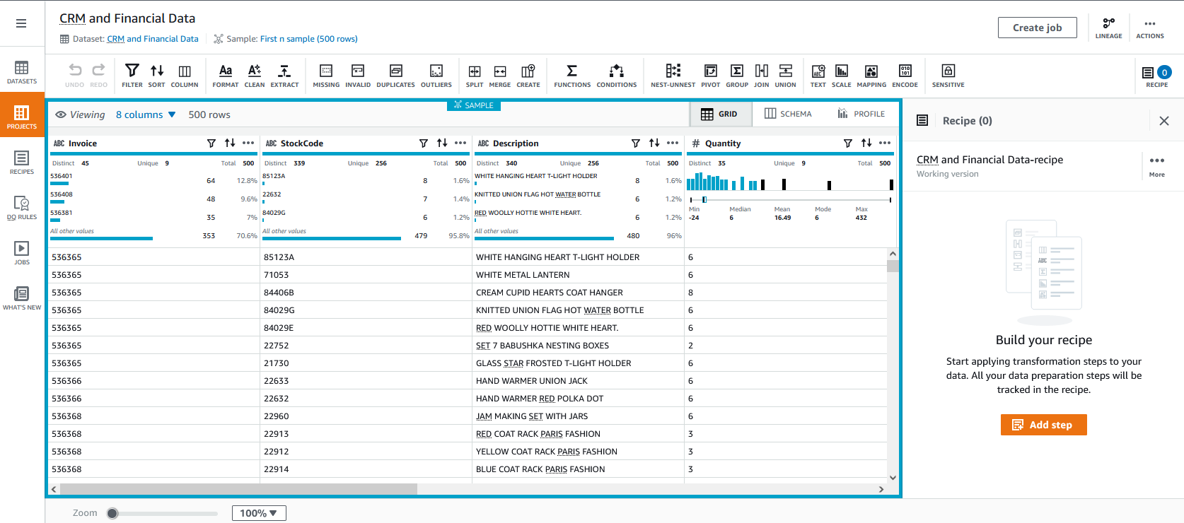 Screenshot of AWS Glue DataBrew user interface showing low- and no- code solutions