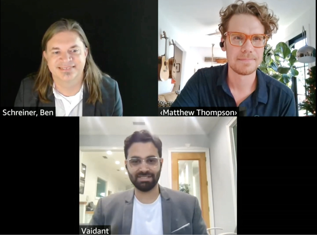 Leaders from AWS, Telescope Health, and SourceFuse speaking together on video chat