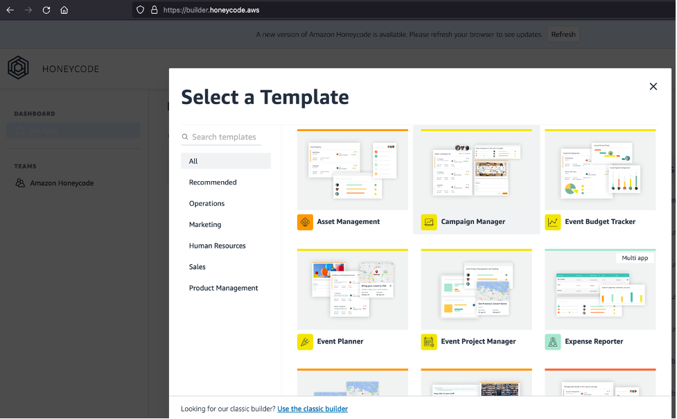 Screenshot of depicting premade templates SMBs can use in Amazon Honeycode