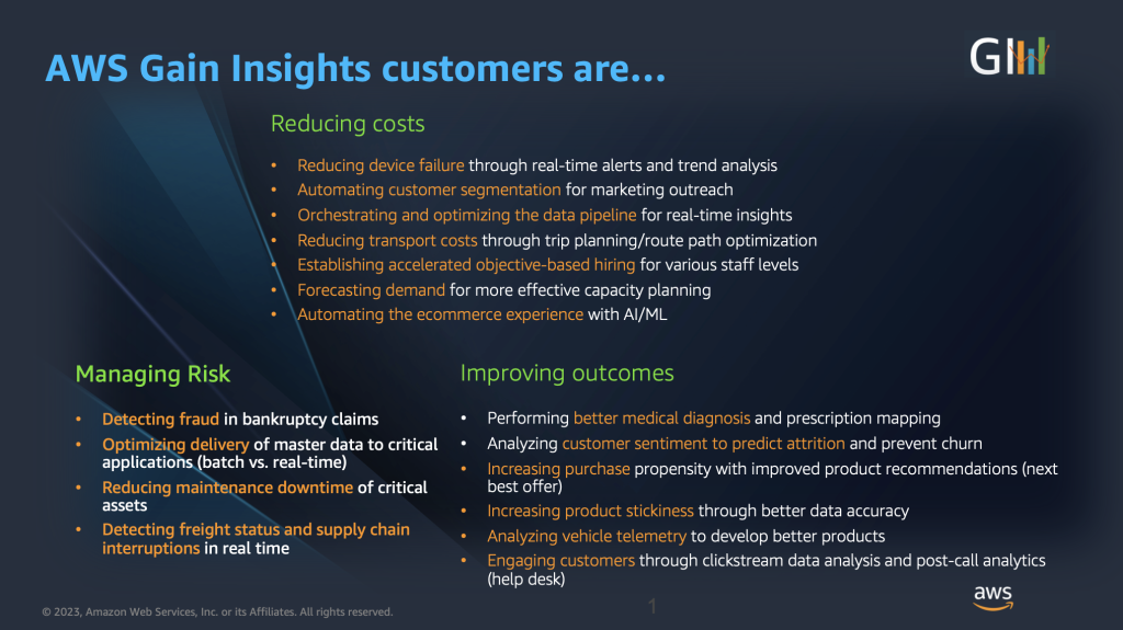 Slide depicting how customers are reducing costs, improving outcomes, and managing risk with AWS