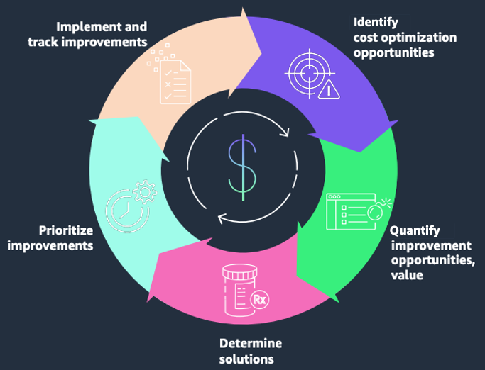 Circular diagram illustrating the continuous cycle of cost optimization: identification, quantifications, determinations, prioritizations, and implementation