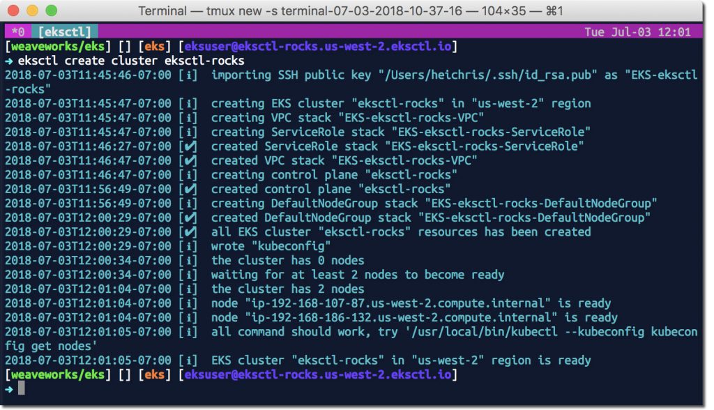 output of eksctl create command