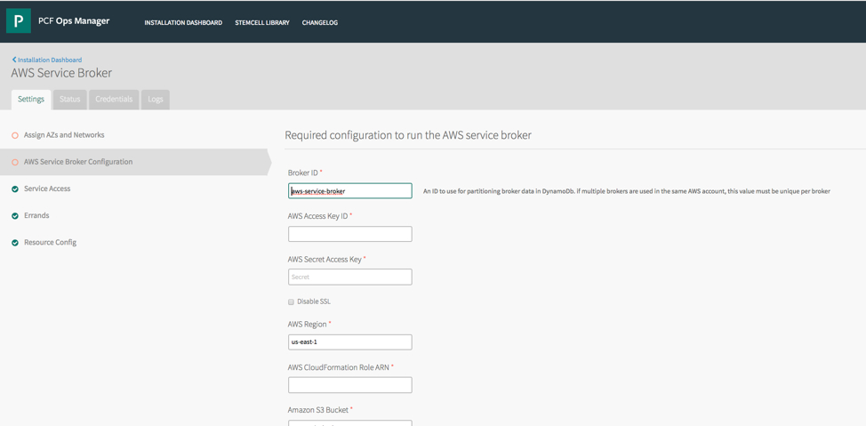 AWS Service Broker configuration.