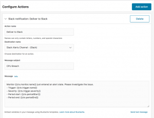 Kibana configure actions dialog.