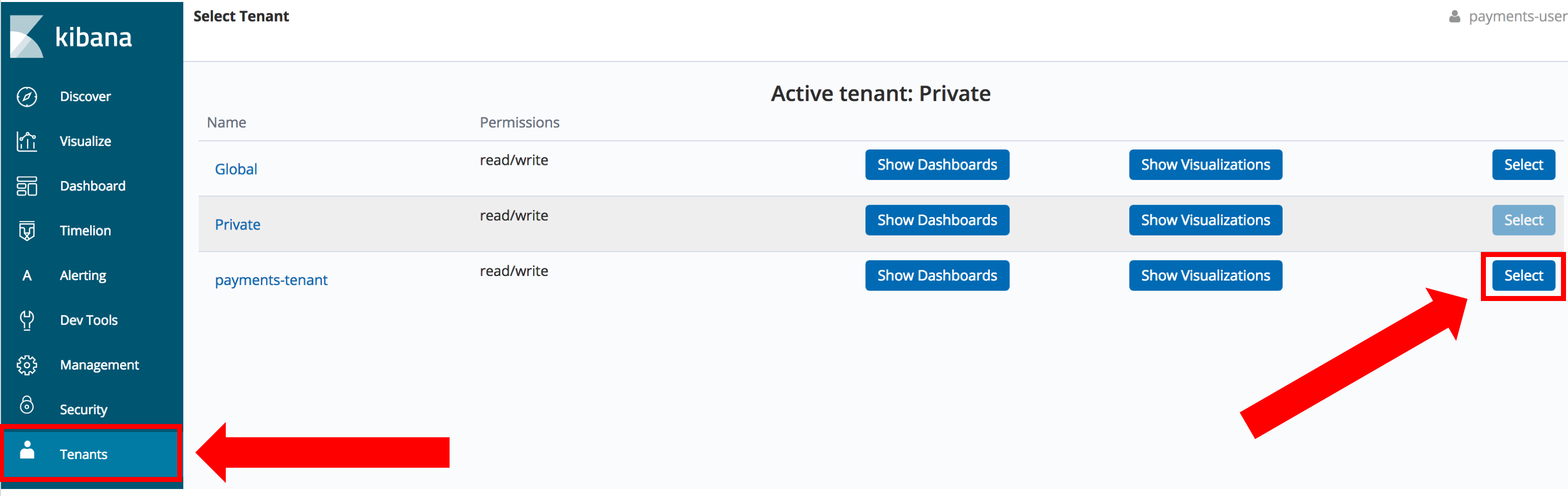 Open Distro for Elasticsearch Security plugin selecting the tenant for Kibana visualizations and dashboards