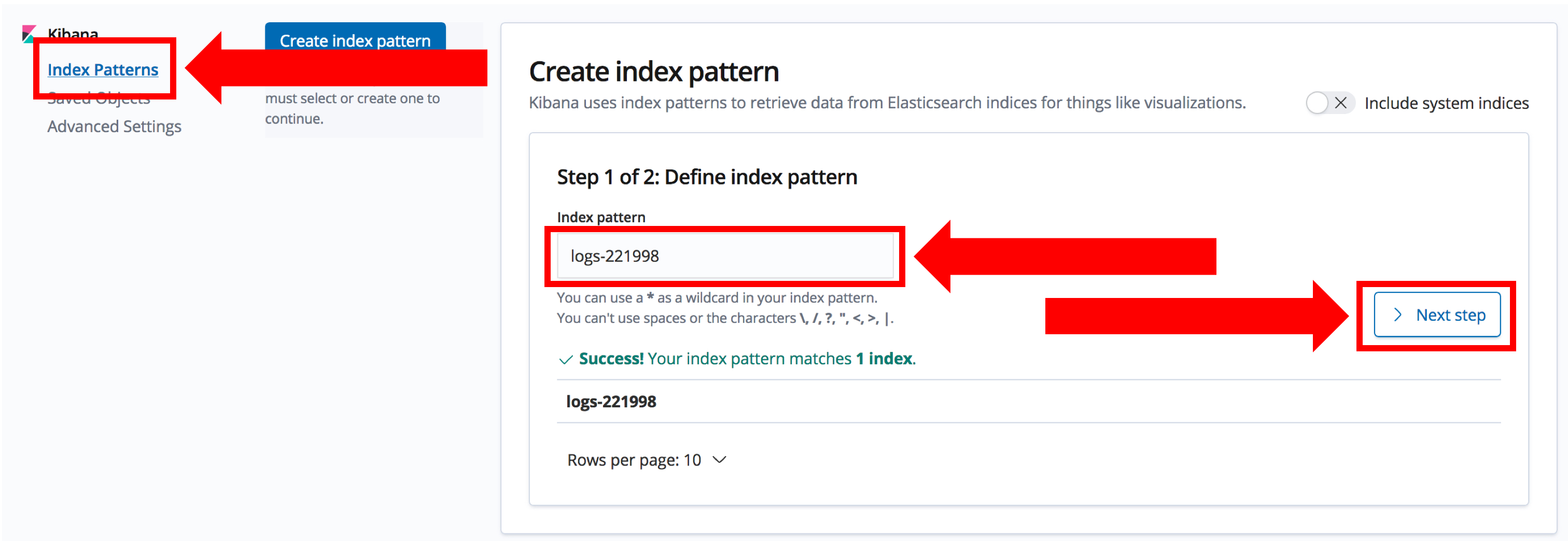 Creating an index pattern in Kibana, showing how to set the specific index